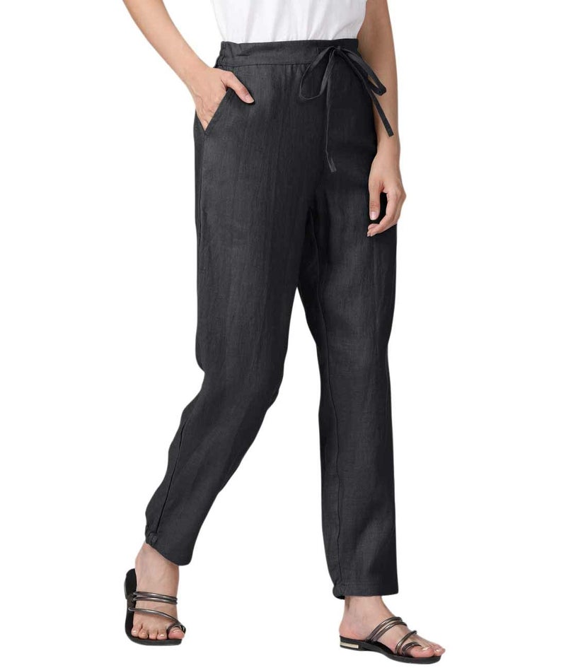 IXIMO Women's Tapered Pants 100% Linen Drawstring Back Elastic Waist Pants Trousers with Pockets Black M - Image 5